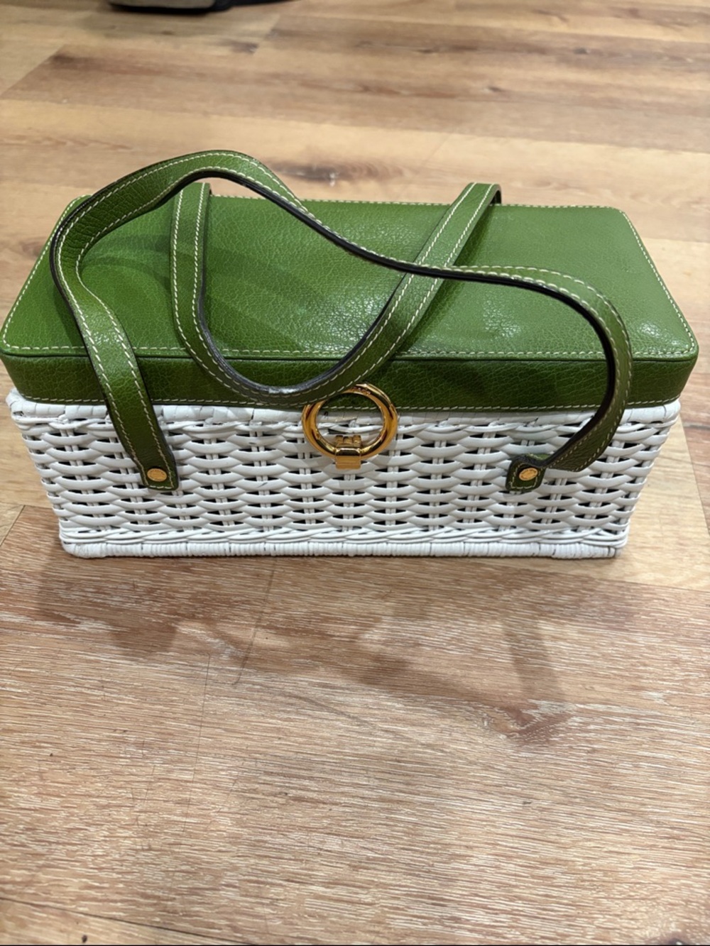 kate spade Green Leather-Trim White Woven Tote